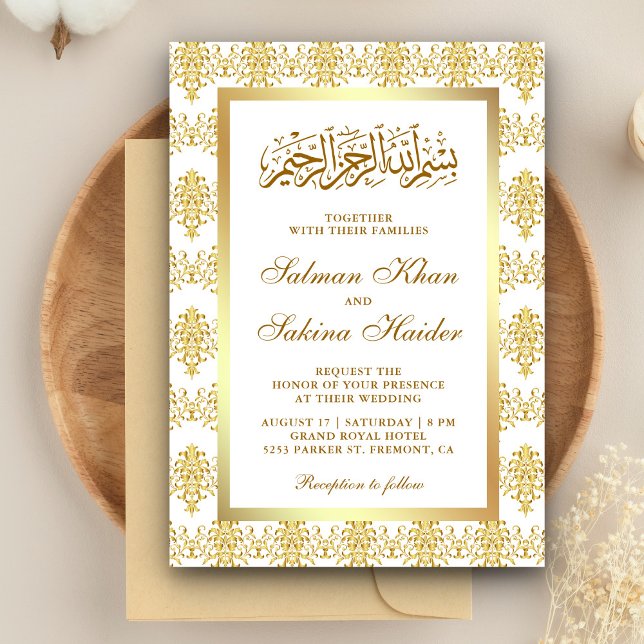 White and Gold Damask Islamic Muslim Wedding Invitation (Creator Uploaded)