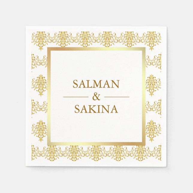 White and Gold Damask Wedding Napkin (Front)