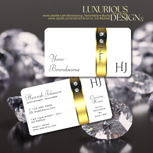 White and Gold Decorative Border Diamonds Monogram Business Card