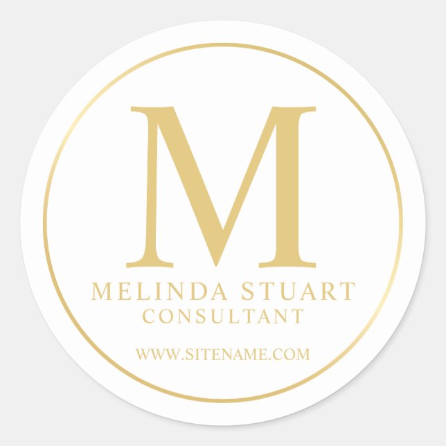 White and Gold Elegant Monogram Business Classic Round Sticker (Front)