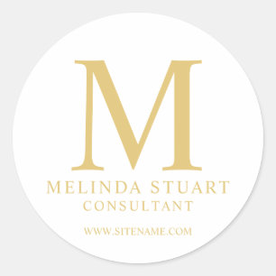 White and Gold Elegant Monogram Business  Classic Round Sticker