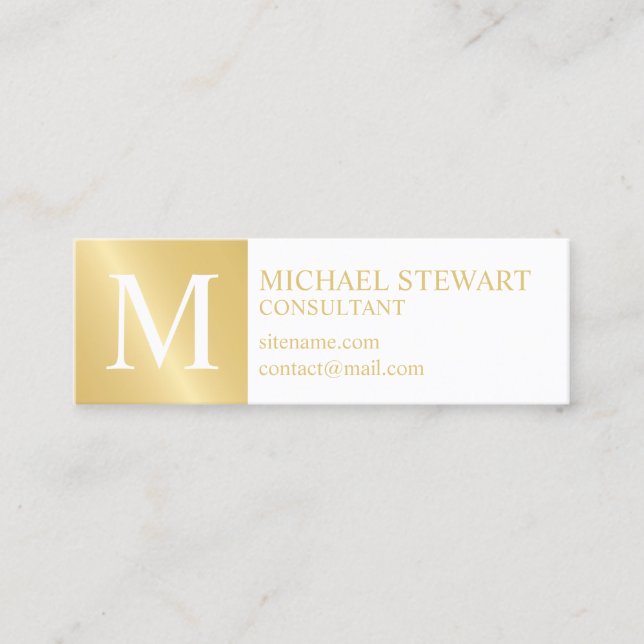 White and Gold Elegant Monogram Mini Business Card (Front)