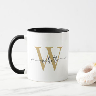 White and Gold Elegant Monogram Name Script Mug