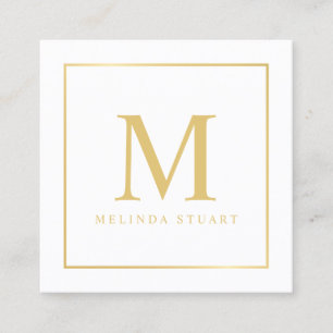 White and Gold Elegant Monogram Square Business Card