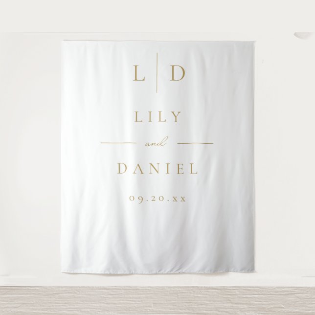 White and Gold Elegant Monogram Wedding Backdrop Tapestry (Front)