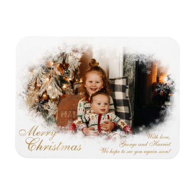 White and Gold Elegant Snowy Photo Christmas Card Magnet (Horizontal)