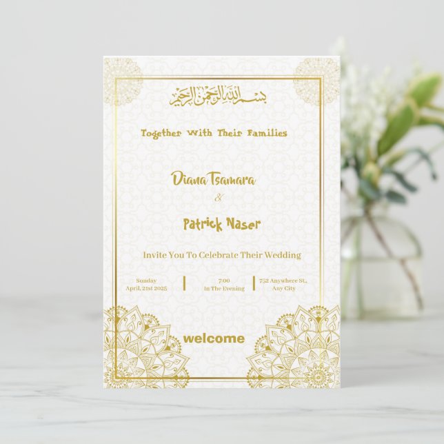 White and Gold Elegant Wedding Invitation (Standing Front)