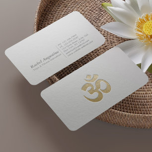White and Gold Embossed OM Symbol Yoga Instructor Business Card