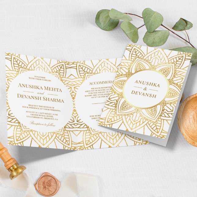 White and Gold Ethnic Mandala Indian Wedding Invitation (Creator Uploaded)