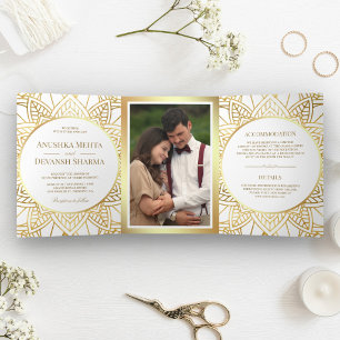White and Gold Ethnic Mandala Indian Wedding Tri-Fold Invitation
