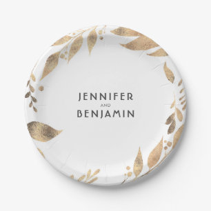 White and Gold Fall Leaves Chic Wedding Paper Plate