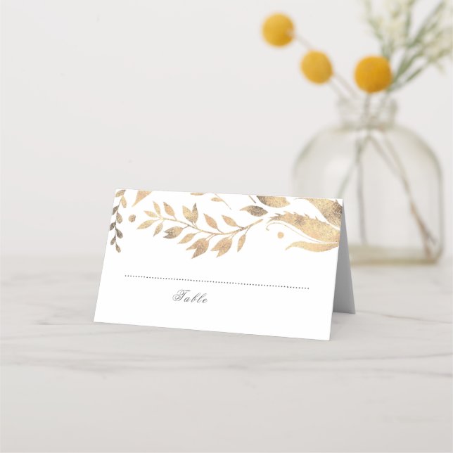 White and Gold Fall Leaves Wedding Place Card (Front)