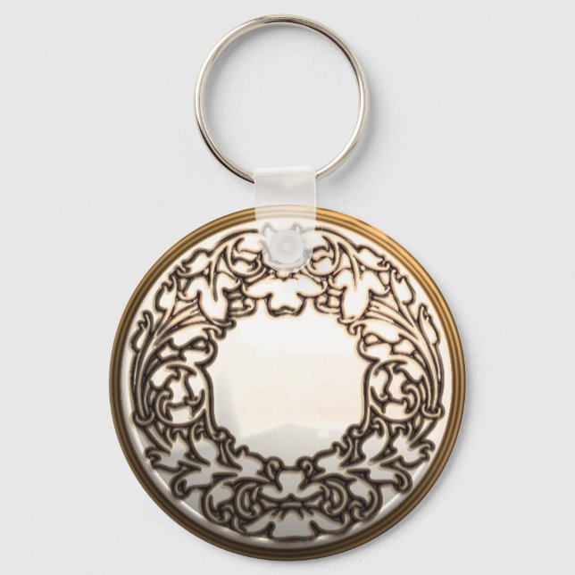 White and gold filigree glass sewing button  key ring (Front)