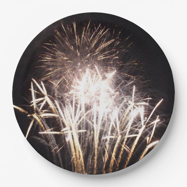 White and Gold Fireworks I Patriotic Celebration Paper Plate (Front)