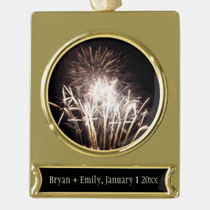 White and Gold Fireworks I Patriotic Celebration Plated Banner Ornament