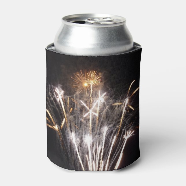 White and Gold Fireworks II Patriotic Celebration Can Cooler (Can Front)