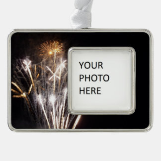 White and Gold Fireworks II Patriotic Celebration Silver Plated Framed Ornament