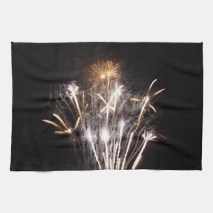 White and Gold Fireworks II Patriotic Celebration Tea Towel