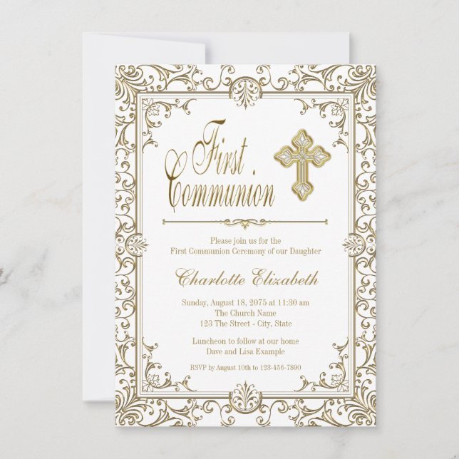 White and Gold First Communion Invitations (Front)