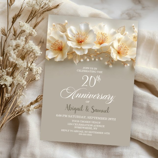 White and Gold Floral 20th Wedding Anniversary Invitation (Creator Uploaded)