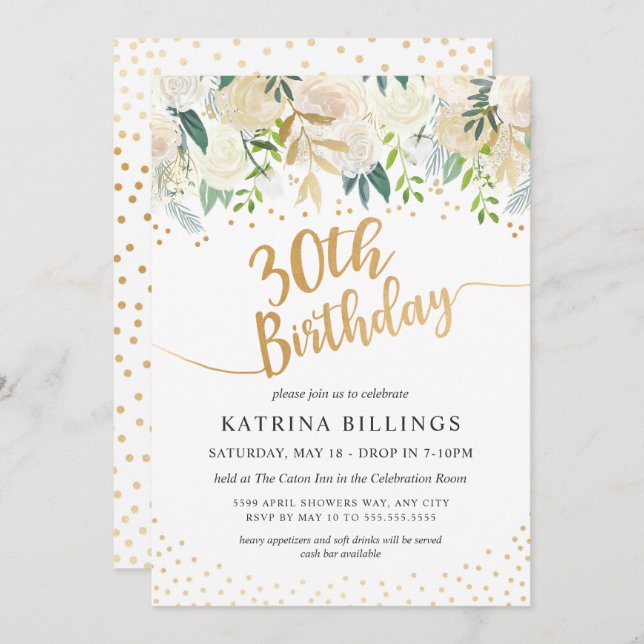 White and Gold Floral 30th Birthday Party Invitation (Front/Back)