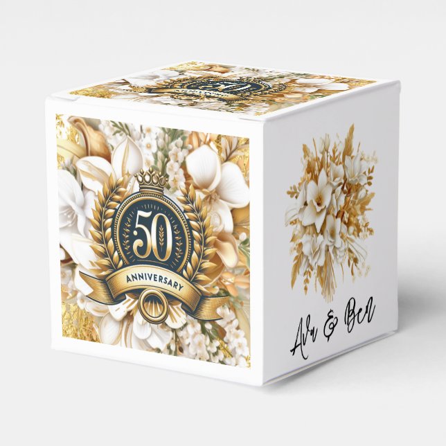 White and Gold Floral 50th Anniversary  Favour Box (Front Side)