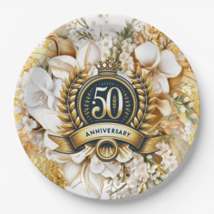 White and Gold Floral 50th Anniversary  Paper Plate