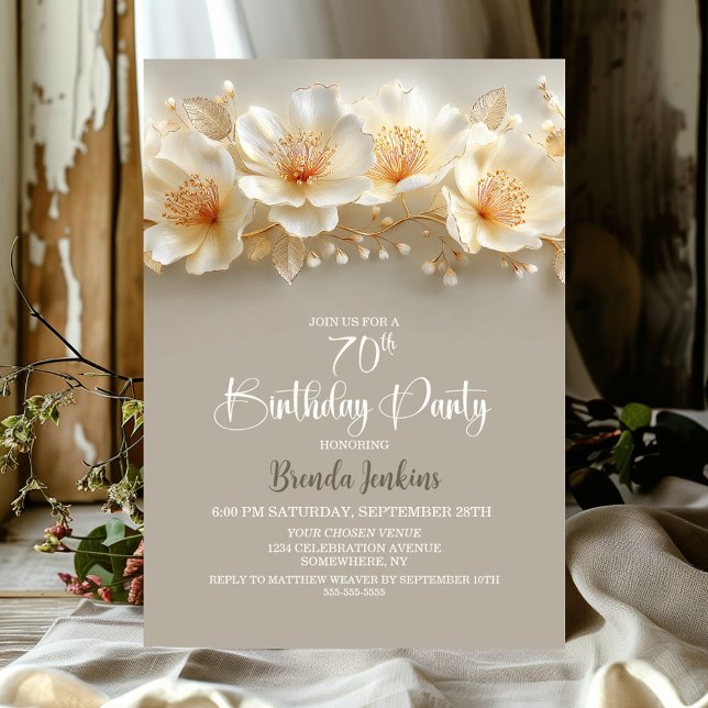 White and Gold Floral 70th Birthday Party Invitation (Creator Uploaded)