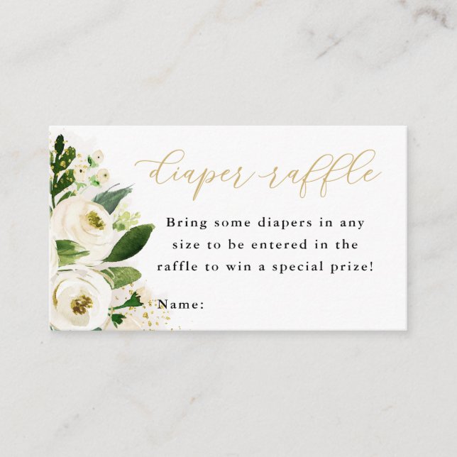 White and Gold Floral Baby Diaper Raffle Ticket Enclosure Card (Front)