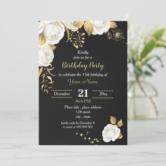 white and gold floral black birthday party invitation (Standing Front)