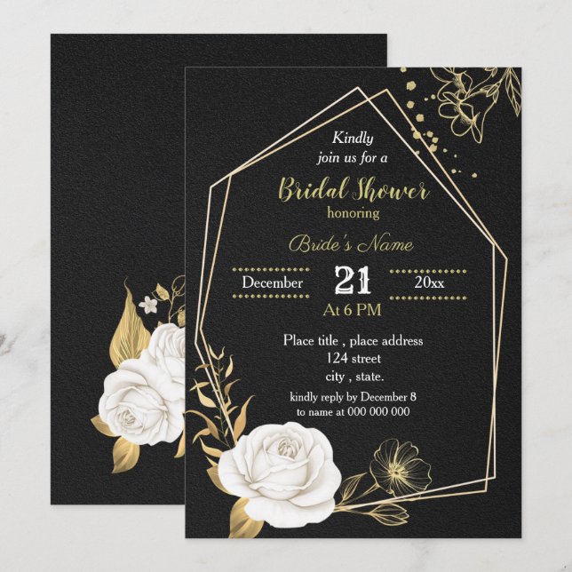 white and gold floral black bridal shower  invitat invitation (Front/Back)
