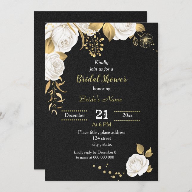 white and gold floral black bridal shower invitation (Front/Back)
