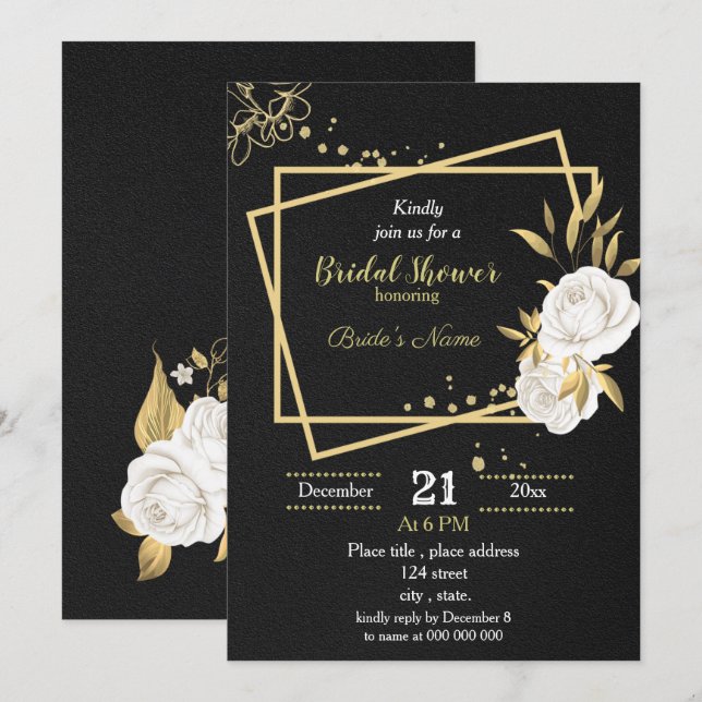 white and gold floral black bridal shower  invitation (Front/Back)