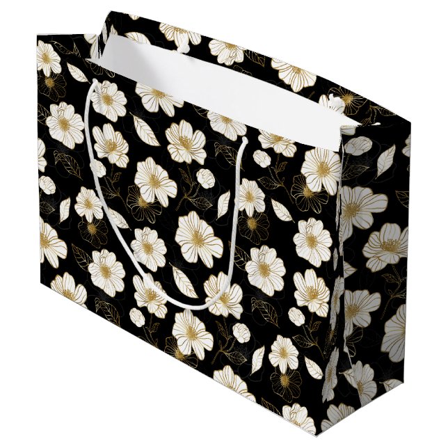 White and Gold Floral Black Large Gift Bag (Back Angled)