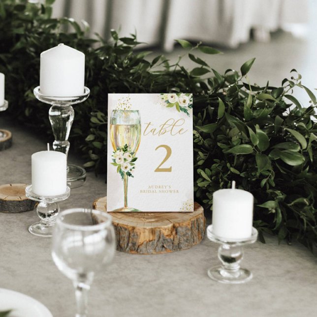 White and Gold Floral Champagne Glass Personalised Table Number (Creator Uploaded)