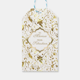 White And Gold Floral Damask Pattern Gift Tags