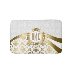 White And Gold Floral Damasks Bath Mat