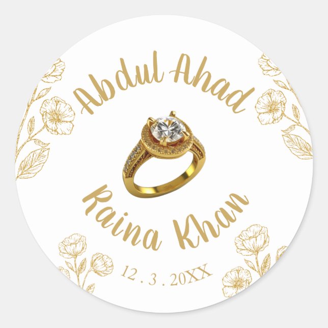 White and Gold Floral Engagement Ring  Classic Round Sticker (Front)