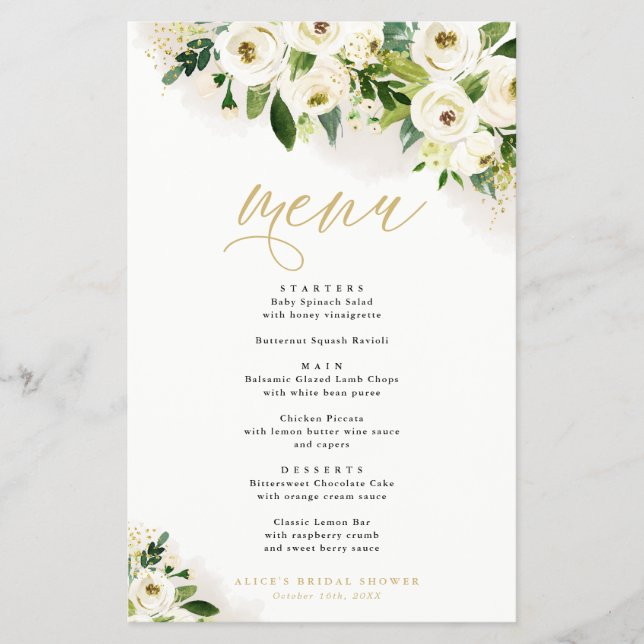 White and Gold Floral Event Dinner Paper Menu (Front)