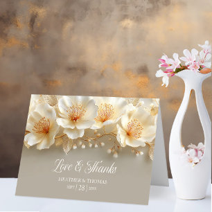 White and Gold Floral Love and Thanks Wedding Thank You Card