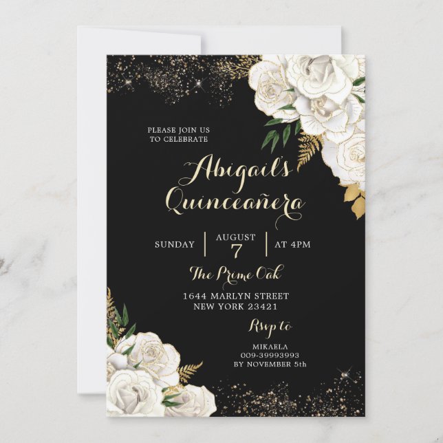 White and Gold Floral Mexican Quinceañera Invitation (Front)