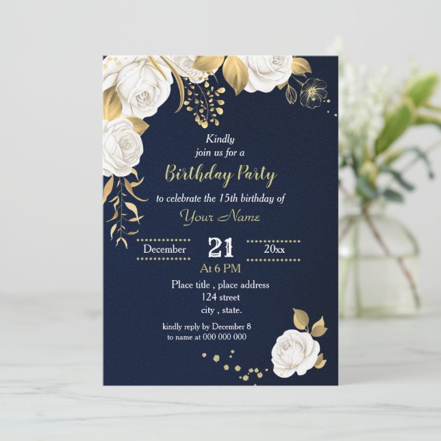 white and gold floral  navy blue birthday party  invitation (Standing Front)