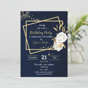 white and gold floral navy blue birthday party invitation