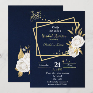 white and gold floral navy blue bridal shower invitation