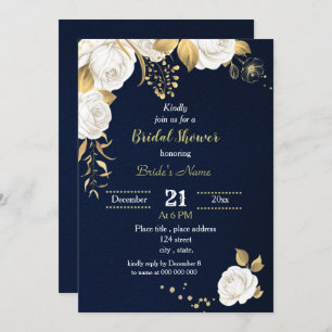 white and gold floral navy bridal shower  invitation