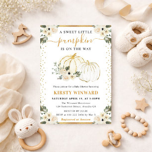 White and Gold Floral Pumpkins Fall Baby Shower Invitation