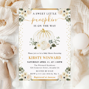 White and Gold Floral Pumpkins Fall Baby Shower Invitation