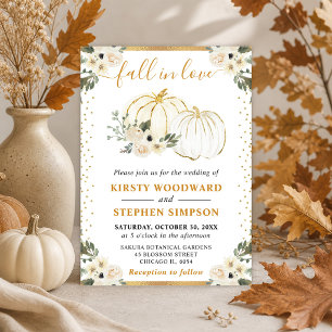 White and Gold Floral Pumpkins Fall Wedding Invitation