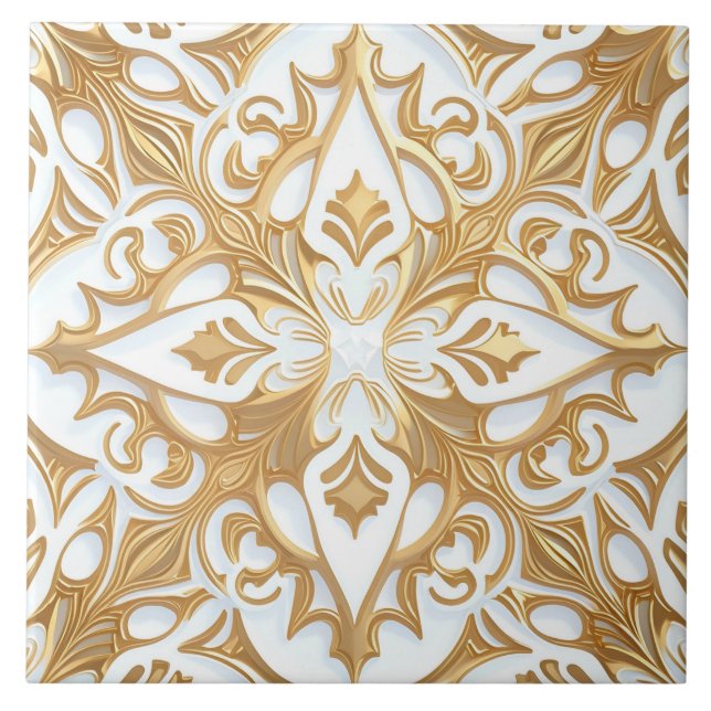 White and Gold Floral Scrollwork Pattern Tile (Front)