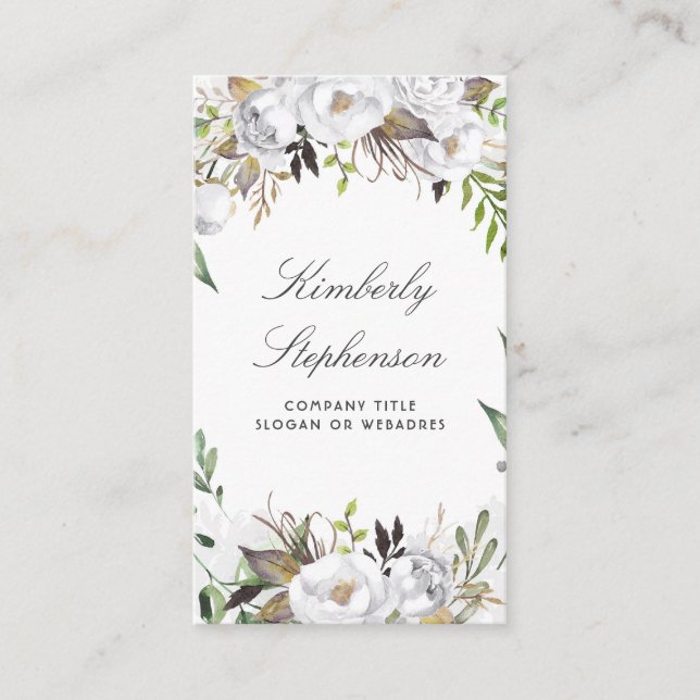 White and Gold Floral Watercolor Elegant Business Card (Front)